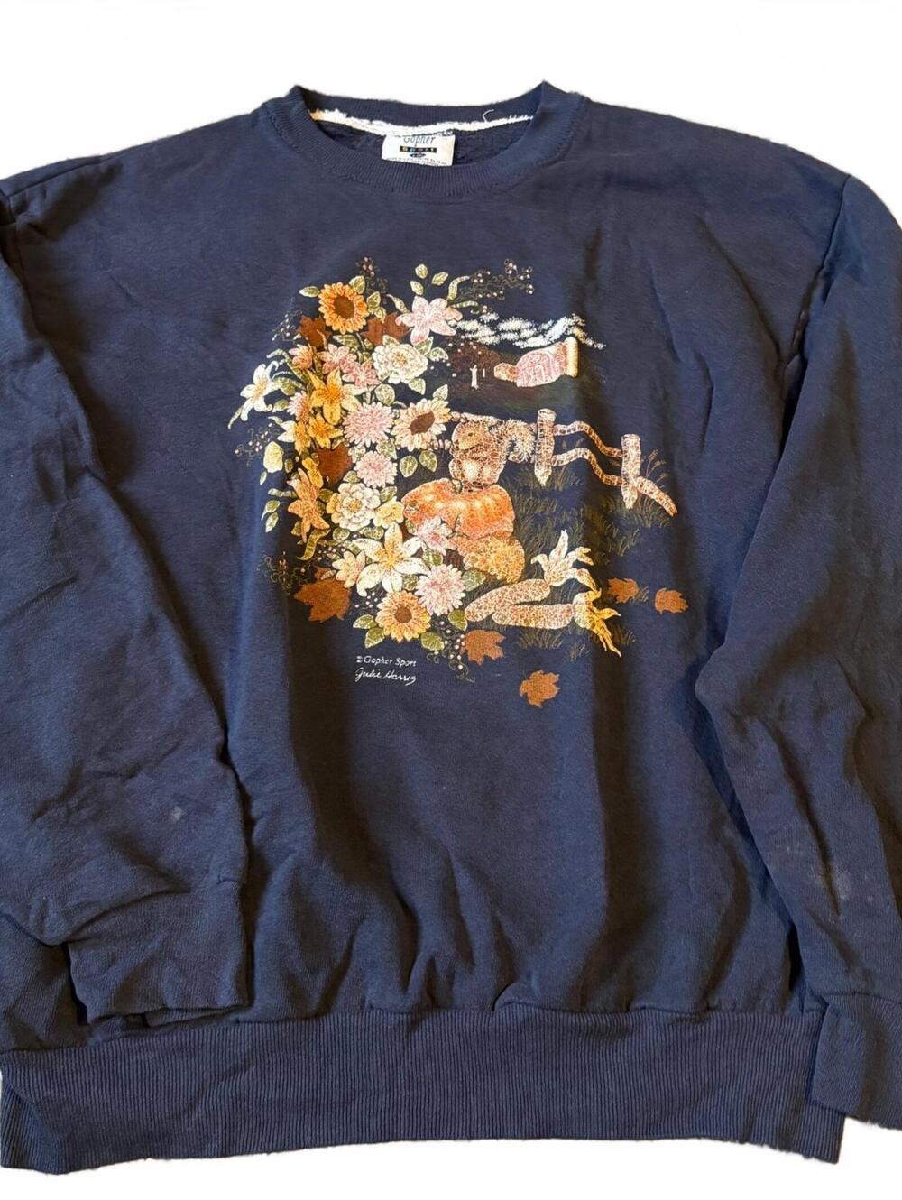 Vintage Gopher Sport Navy Floral Animal Graphic Crewneck Sweatshirt Size Large